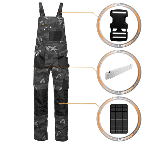 Arbeitskleidung-Arbeitshose-Latzhose-grau-schwarz-camouflage-details-raw-pol