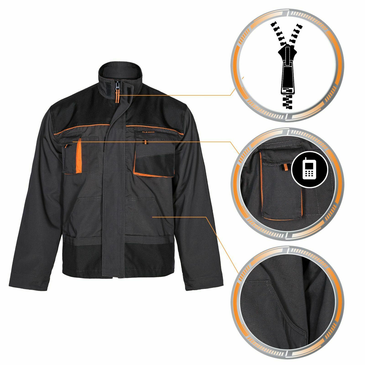 Arbeitskleidung-Classic-Arbeitsjacke-schwarz-orange-front-details-1-artmas