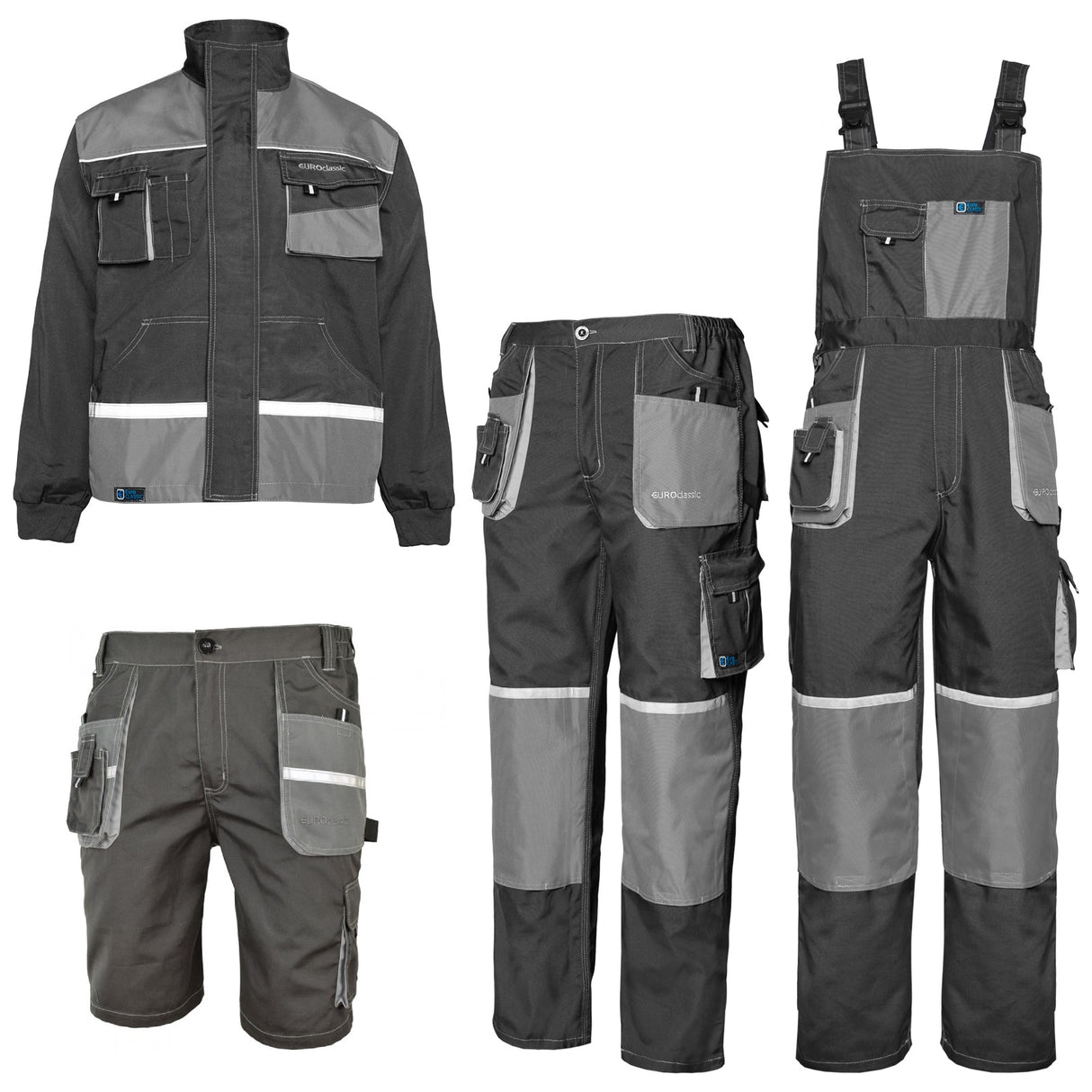 Arbeitskleidung-Euroclassic-Arbeitshose-Latzhose-Arbeitsjacke-grau-schwarz-reflex-set-overview-artmas