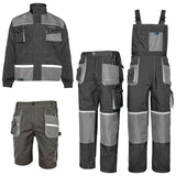 Arbeitskleidung-Euroclassic-Arbeitshose-Latzhose-Arbeitsjacke-grau-schwarz-reflex-set-overview-artmas