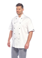 Kochjacke-Baeckerjacke-Kochkleidung-Gastronomiekleidung-Kent-Kurzarm-weiss-model-portwest