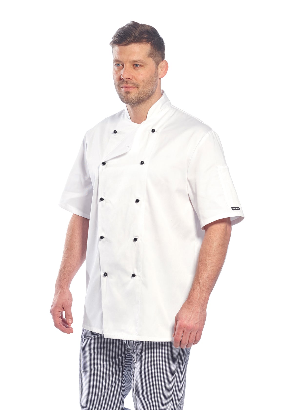 Kochjacke-Baeckerjacke-Kochkleidung-Gastronomiekleidung-Kent-Kurzarm-weiss-model-portwest